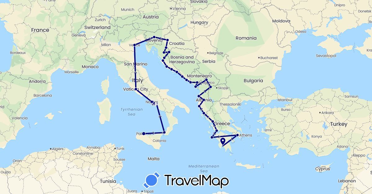 TravelMap itinerary: driving in Albania, Bosnia and Herzegovina, Greece, Croatia, Italy, Montenegro, Slovenia, Vatican City, Kosovo (Europe)